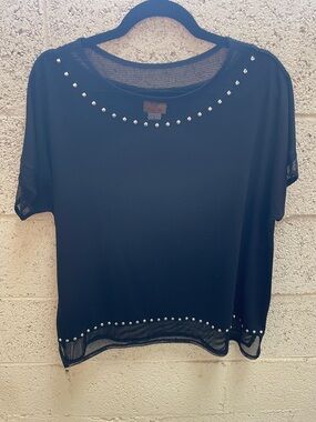 Ruby Rd. Black Mesh-Trim Studded Short Sleeve Top